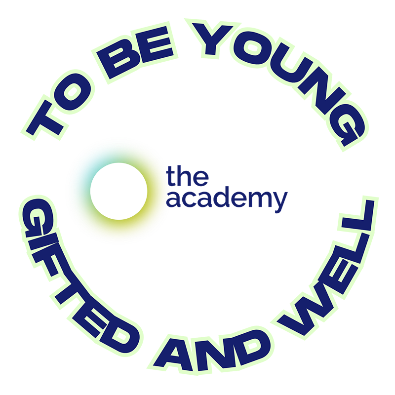 YMHA logo. Contains text "TO BE YOUNG GIFTED AND WELL" in a circle around The Academy logo.